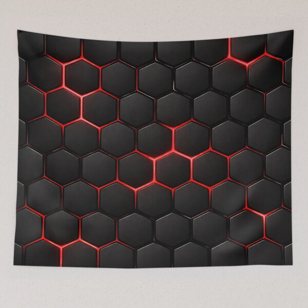 Item preview, Black Hexagon Tech Pattern – Red Neon Futuristic Geometric Wall Art designed and sold by Kaleidoscope Print.
