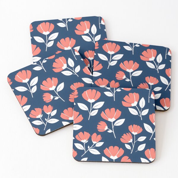 Item preview, Scandinavian Floral Seamless Pattern – Coral Pink Flowers & White Leaves on Navy Blue designed and sold by HolmeProud.