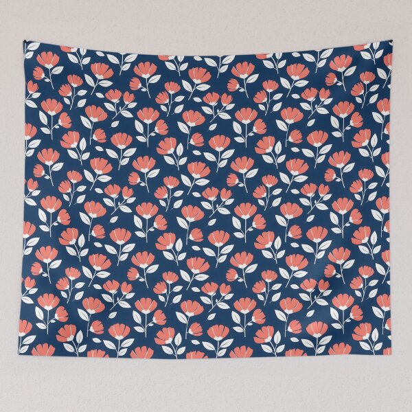Item preview, Scandinavian Floral Seamless Pattern – Coral Pink Flowers & White Leaves on Navy Blue designed and sold by HolmeProud.