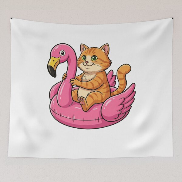 Item preview, Kawaii Ginger Cat in Pink Flamingo Float designed and sold by k3rstman1.