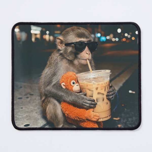 Item preview, Baby Monkey Punch Drinking Iced Coffee with Plushie Urban Aesthetic designed and sold by Bongocomic.