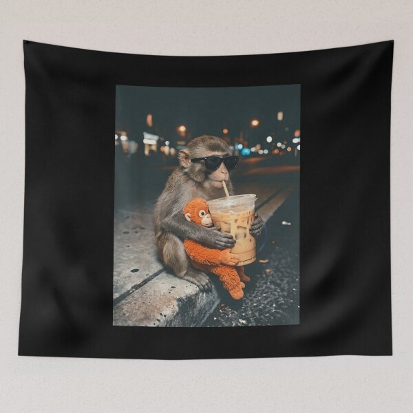 Item preview, Baby Monkey Punch Drinking Iced Coffee with Plushie Urban Aesthetic designed and sold by Bongocomic.