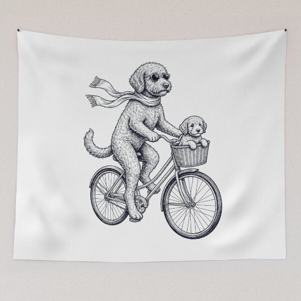 Aperçu de l'œuvre Vélo vintage Labradoodle pour amoureux des chiens créée et vendue par DoodleTortle.
