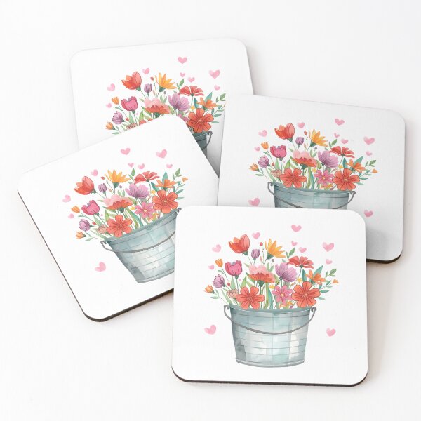 Item preview, Bucket of wildflowers and pink hearts watercolor designed and sold by uunaa.