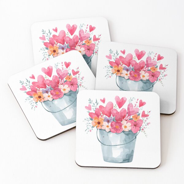 Item preview, Bucket of garden flowers and pink hearts watercolor designed and sold by uunaa.