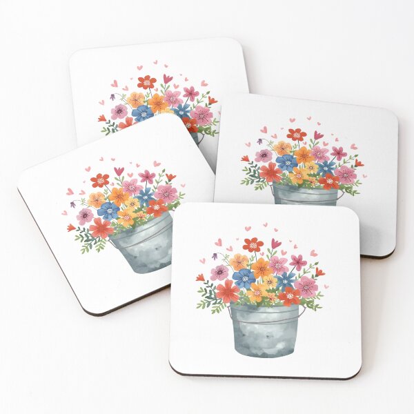 Aperçu de l'œuvre Seau de fleurs de jardin et aquarelle de cœurs roses créée et vendue par uunaa.