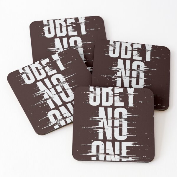 Item preview, Bold 'Obey No One' typography rendered with grunge halftone and glitch effects on a black background, evoking rebellion, anti-authority attitude, urban street art designed and sold by Dejbar.