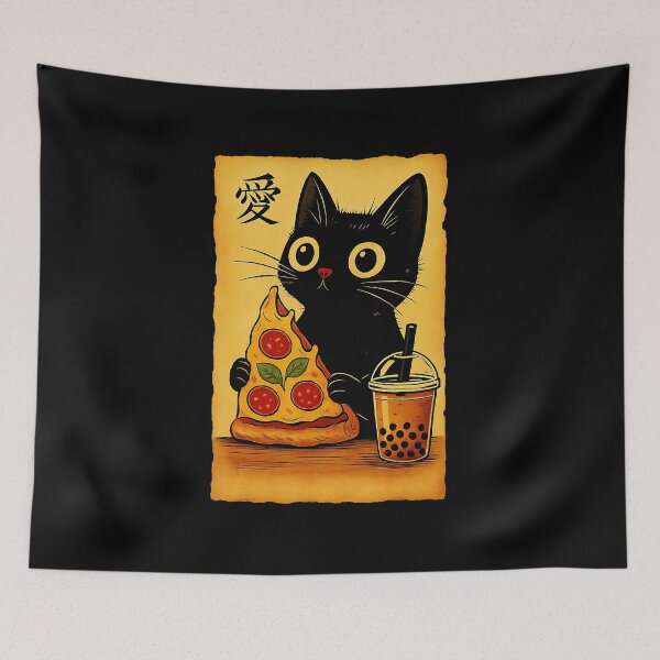 Item preview, Kawaii Black Cat Pizza Bubble Tea Japanese Style designed and sold by titanlevi.