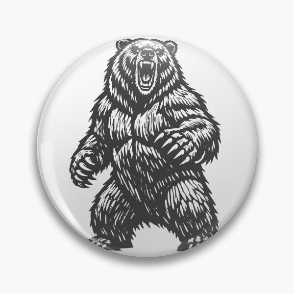 Item preview, Commanding grizzly bear illustration in traditional woodcut linocut print style with bold thick black lines and carved wood texture designed and sold by Dejbar.