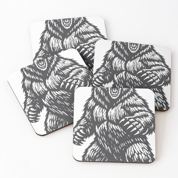 Item preview, Commanding grizzly bear illustration in traditional woodcut linocut print style with bold thick black lines and carved wood texture designed and sold by Dejbar.