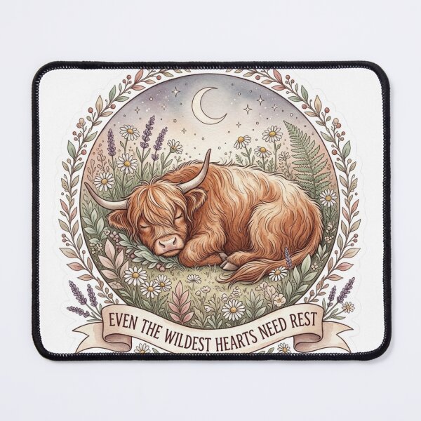 Item preview, Even The Wildest Hearts Need Rest — Highland Cow Cottagecore Mental Health Sticker designed and sold by AlexBloomStudio.