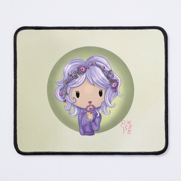 Item preview, September birth flower – Chibi girl with aster against a background | Cute illustration designed and sold by PiX by PE.