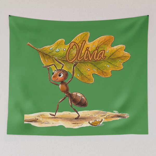 Item preview, Cute Ant Carrying Oak Leaf – Personalized Name Olivia Watercolor Art designed and sold by MBBialyPiksel.