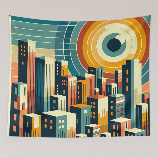 Item preview, Geometric Cityscape with Circular Eye Sun designed and sold by InkSmithery.