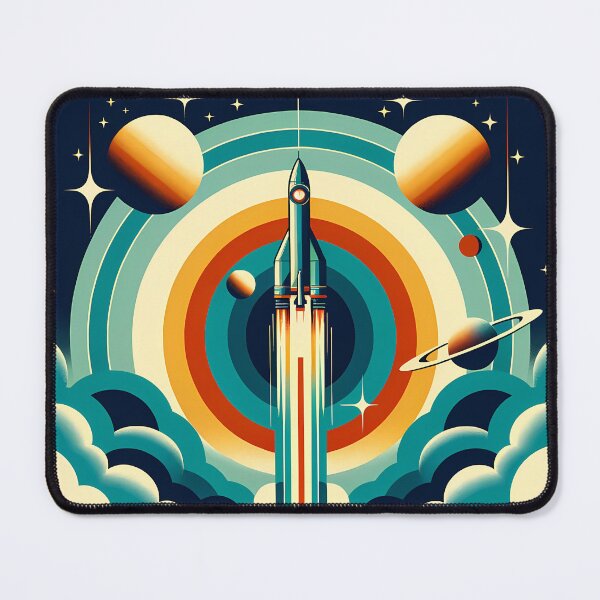 Item preview, Retro rocket launch with planets and concentric rings designed and sold by InkSmithery.