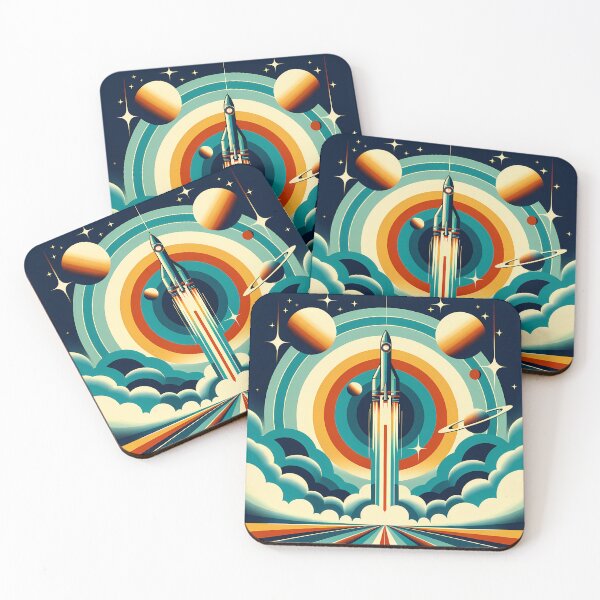 Item preview, Retro rocket launch with planets and concentric rings designed and sold by InkSmithery.
