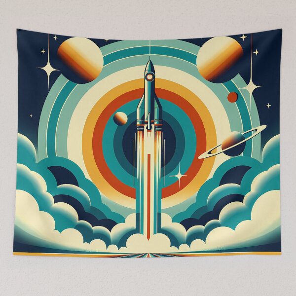 Item preview, Retro rocket launch with planets and concentric rings designed and sold by InkSmithery.