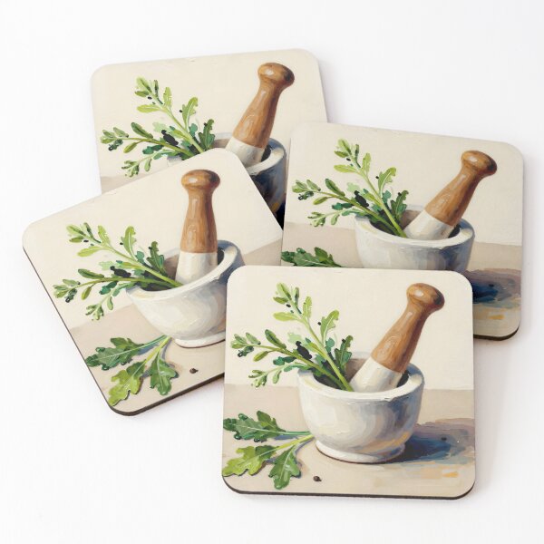 Item preview, Pestle and Mortar with Herbs — Folk Art Kitchen Print designed and sold by Kelvin Hughes Design.