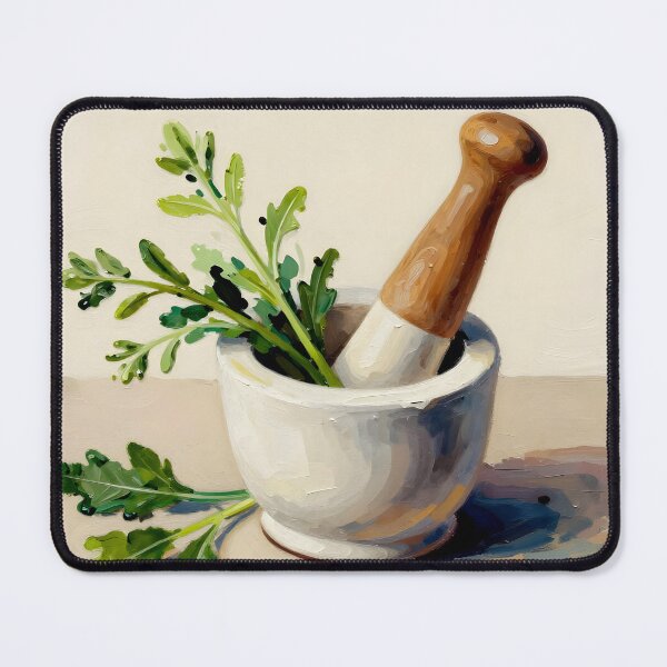 Item preview, Pestle and Mortar with Herbs — Folk Art Kitchen Print designed and sold by Kelvin Hughes Design.