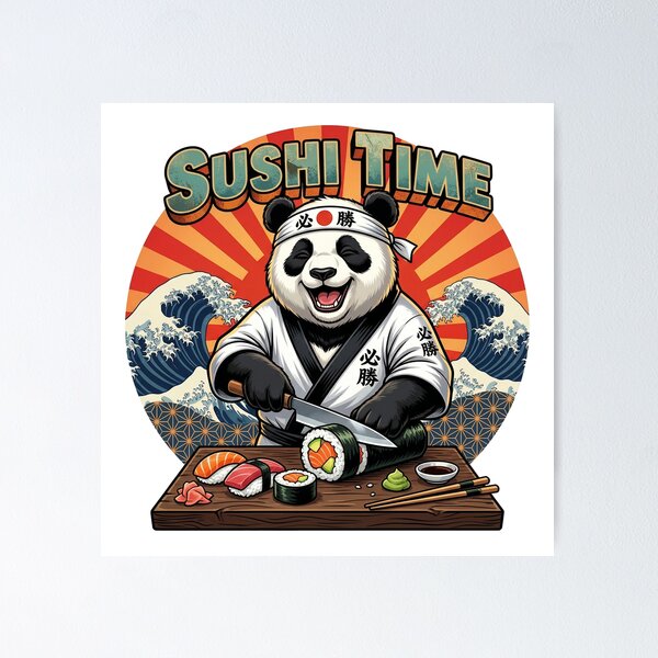 Item preview, Retro Sushi Master Panda - Funny Japanese Chef "Sushi Time" Art designed and sold by The Grumpy Pet Club.