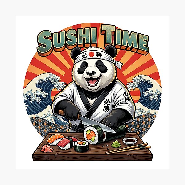 Item preview, Retro Sushi Master Panda - Funny Japanese Chef "Sushi Time" Art designed and sold by The Grumpy Pet Club.