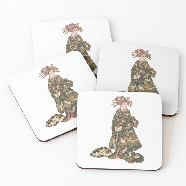 Item preview, Pink Hair Ukiyoe Lady in Cat-Pattern Kimono and Nekomimi designed and sold by LuckyCatClubJP.