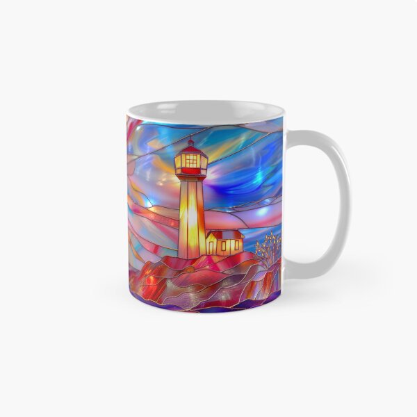 Item preview, Stained Glass Lighthouse Sunset Art, Coastal Ocean Scene designed and sold by MargaretWiktor.
