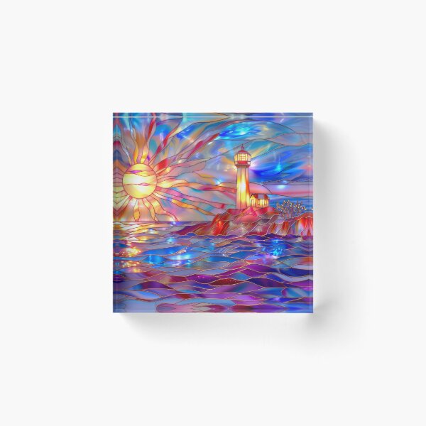 Item preview, Stained Glass Lighthouse Sunset Art, Coastal Ocean Scene designed and sold by MargaretWiktor.