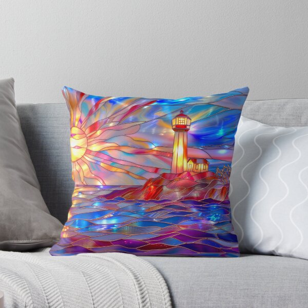 Item preview, Stained Glass Lighthouse Sunset Art, Coastal Ocean Scene designed and sold by MargaretWiktor.