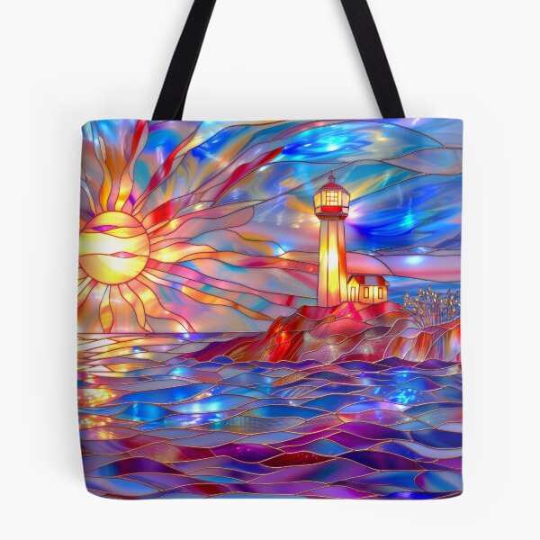 Item preview, Stained Glass Lighthouse Sunset Art, Coastal Ocean Scene designed and sold by MargaretWiktor.
