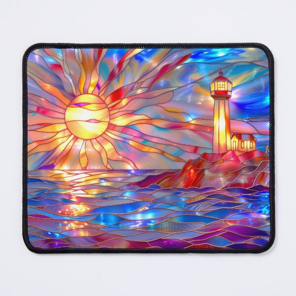 Item preview, Stained Glass Lighthouse Sunset Art, Coastal Ocean Scene designed and sold by MargaretWiktor.
