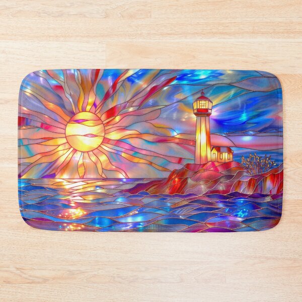 Item preview, Stained Glass Lighthouse Sunset Art, Coastal Ocean Scene designed and sold by MargaretWiktor.