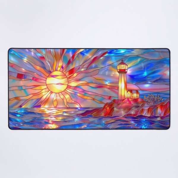 Item preview, Stained Glass Lighthouse Sunset Art, Coastal Ocean Scene designed and sold by MargaretWiktor.