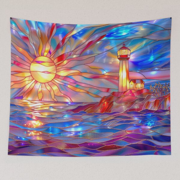 Item preview, Stained Glass Lighthouse Sunset Art, Coastal Ocean Scene designed and sold by MargaretWiktor.