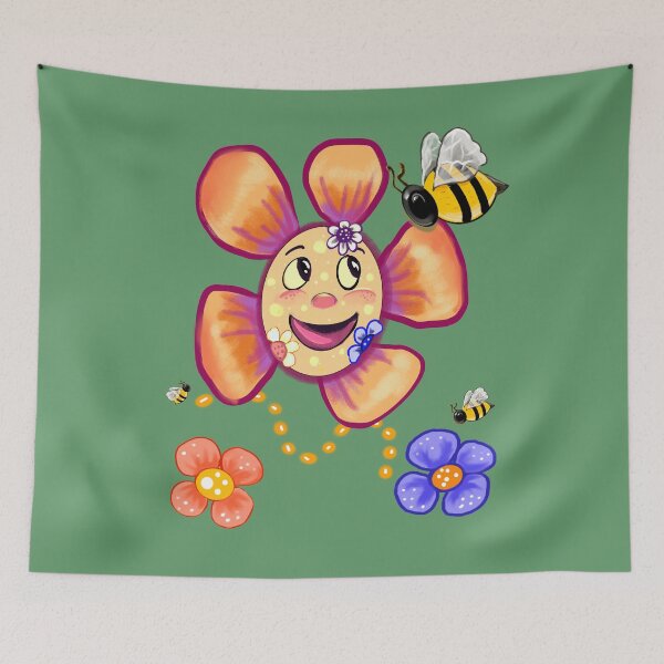 Item preview, Vintage Retro Smiley Flower & Happy Bees – 70s Floral Good Vibes Design designed and sold by Artonmytee.
