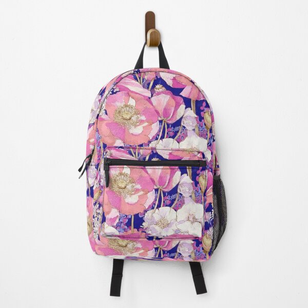 Item preview, Preppy Grandmillennial pink poppy flowers on blue  designed and sold by SophieClimaArt.