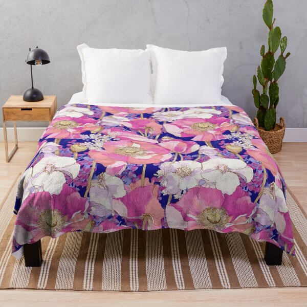 Item preview, Preppy Grandmillennial pink poppy flowers on blue  designed and sold by SophieClimaArt.