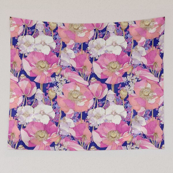 Item preview, Preppy Grandmillennial pink poppy flowers on blue  designed and sold by SophieClimaArt.