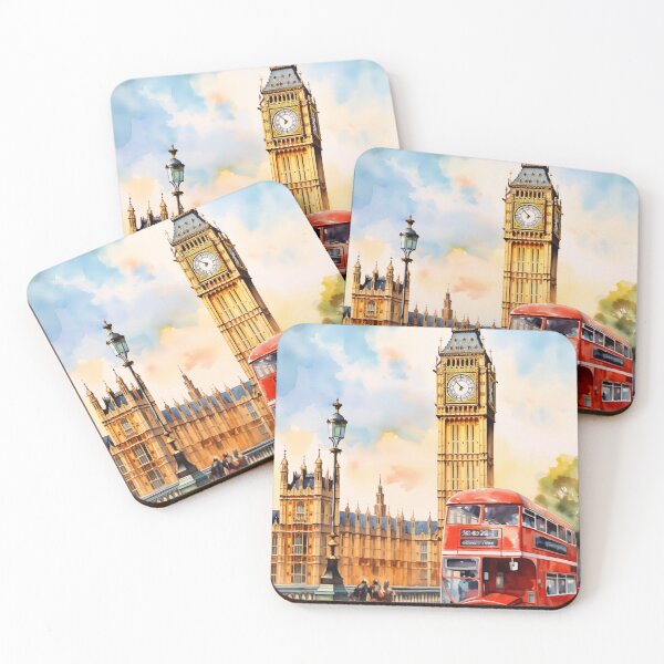 Item preview, London Big Ben Watercolor - Classic Red Bus Airy Art Painting designed and sold by Anuchartl.