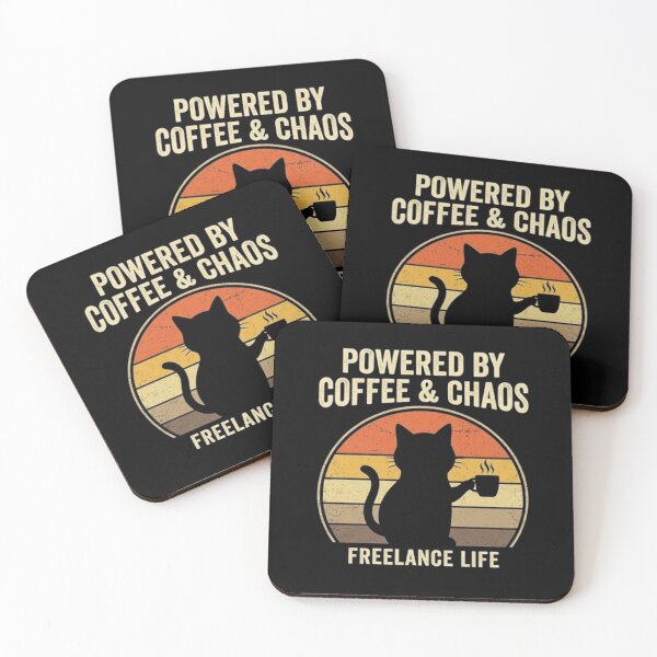 Item preview, Funny Powered by Coffee and Chaos Retro Sunset Cat designed and sold by trendyprintss.