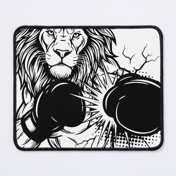 Item preview, A lion wearing boxing gloves throwing a punch, built from thick and thin black lines with white line accents for the face and mane designed and sold by Dejbar.