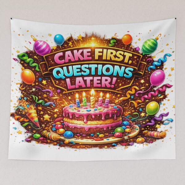 Item preview, Cake First Questions Later Funny Birthday Party Design designed and sold by CLOUTKULT.