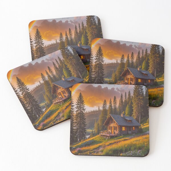 Item preview, Rainbow Over Cozy Mountain Cabin at Sunset designed and sold by BeautifulVirtues.