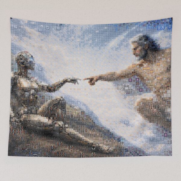 Item preview, Creation of AI – Emoji Emblems Mosaic | Futuristic Adam & Robot Connection Art designed and sold by Emoji Emblems.