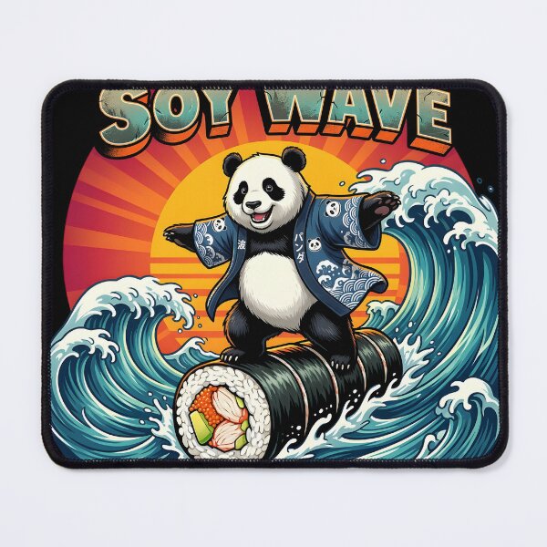 Item preview, Funny Surfing Panda Sushi Art - "Soy Wave" Retro Japanese Wave Aesthetic designed and sold by The Grumpy Pet Club.