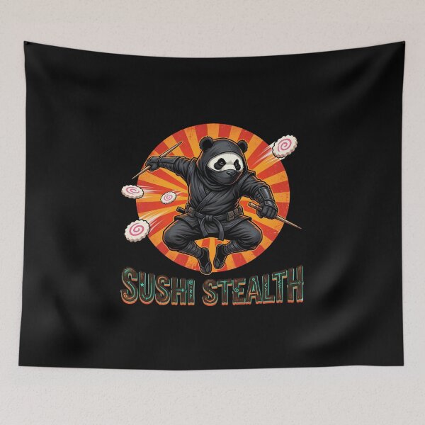Item preview, Funny Sushi Ninja Panda - "Sushi Stealth" Retro Japanese Sunburst Art designed and sold by The Grumpy Pet Club.