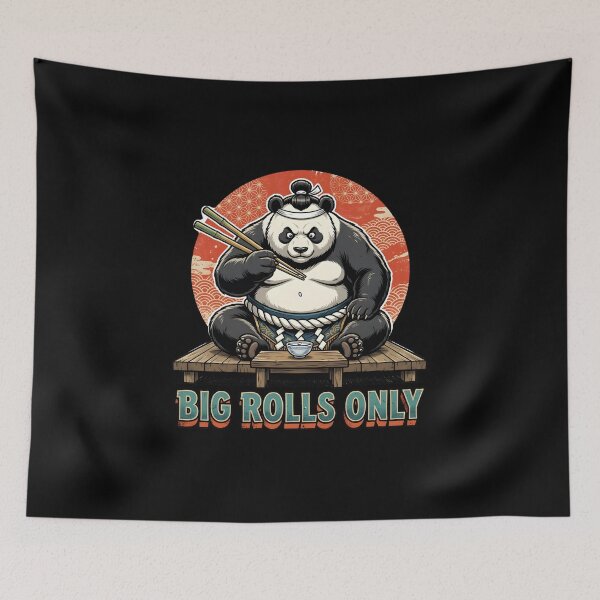 Item preview, Funny Sumo Panda "Big Rolls Only" - Retro Japanese Sunburst Foodie Pun designed and sold by The Grumpy Pet Club.