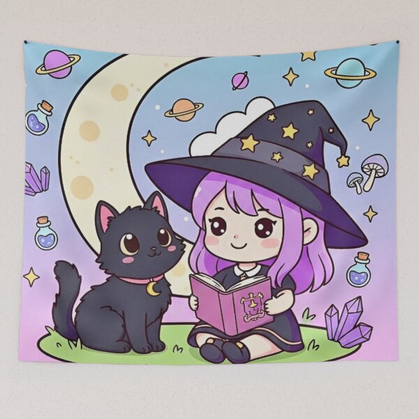 Item preview, Celestial Dreams Witch Girl - Moon and Black Cat Illustration designed and sold by Good Vibes .