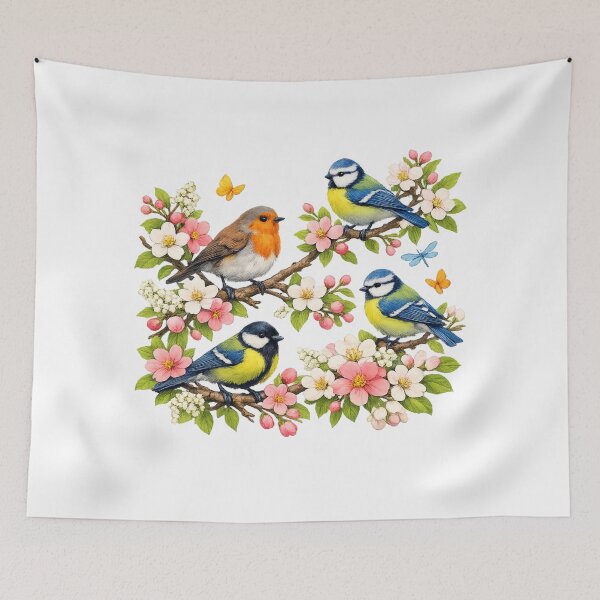 Item preview, Springtime Magic T-Shirt Design – Colorful Birds on Flowering Branches | Robin & Tit Illustration | Floral Butterfly Artwork designed and sold by CoolContent Factory.