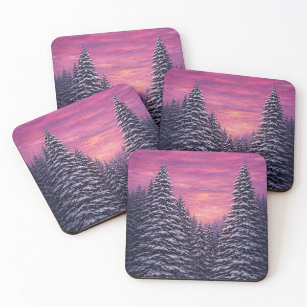 Item preview, Winter Forest Sunset Painting, Snowy Pine Trees Landscape, Purple Sky Aesthetic, Cozy Seasonal Wall Art designed and sold by TheSlowShore.